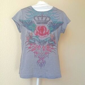 3/$25 SALE Y2K Vintage Tee Graphic T-shirt with Crown Rose Wings Flames Juniors